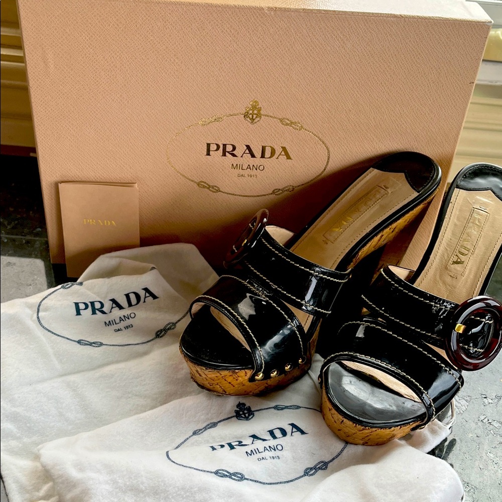 Prada black patent platform sandals with buckle accent